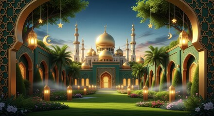 Naklejka premium Ornate archway frames a magnificent mosque complex illuminated by evening lanterns and soft twilight.
