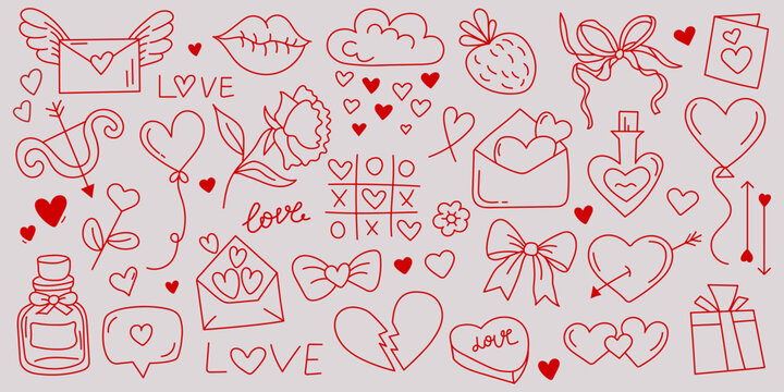 Love Doodle Icon Set. Hand-drawn romantic outline elements, a collection of wedding and relationship symbols. Valentine's Day