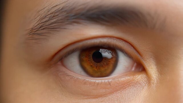 Extreme macro close-up of an Asian man&rsquo;s right brown eye revealing detailed iris texture, natural light reflection, human vision concept, focus, awareness, realism.