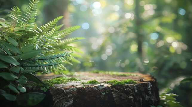Tree Stump Podium with Ferns in Forest, Natural Background with Sunlight for Display and Promotion of Organic Natural Products

