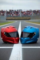 Fototapeta premium Pair of helmets on a sunny race track with blurred grandstands