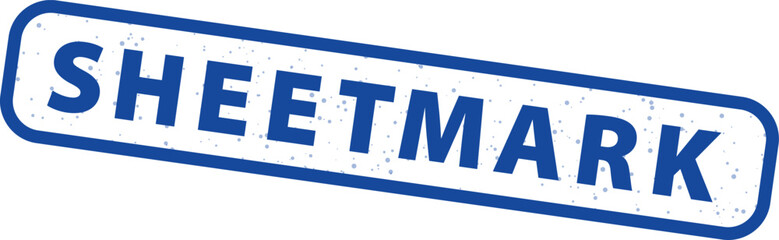 A close up of a distressed blue rectangular rubber stamp impression featuring the word sheetmark on a clean white background perfect for design elements.