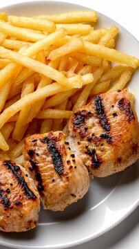 Enjoying grilled chicken skewer with golden french fries at a local restaurant for lunch