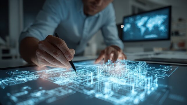 Software architect analyzing system maps, modern realism, soft shadows, high resolution photo style, innovation theme