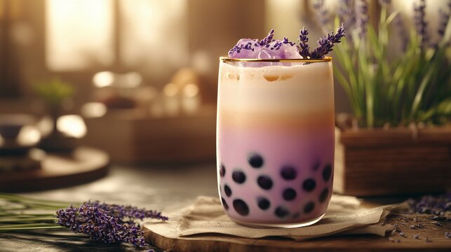 Luxury Boba Tea in Gold-Rimmed Glass &ndash; Taro Milk Tea with Premium French Lavender Syrup and Delicate Lavender Garnish