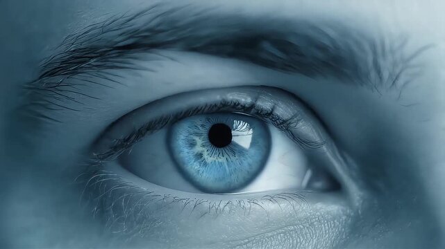 Extreme macro close-up of a man&rsquo;s right blue eye with sharp iris detail, natural light reflection, human vision and perception concept, focus, clarity, cinematic realism.