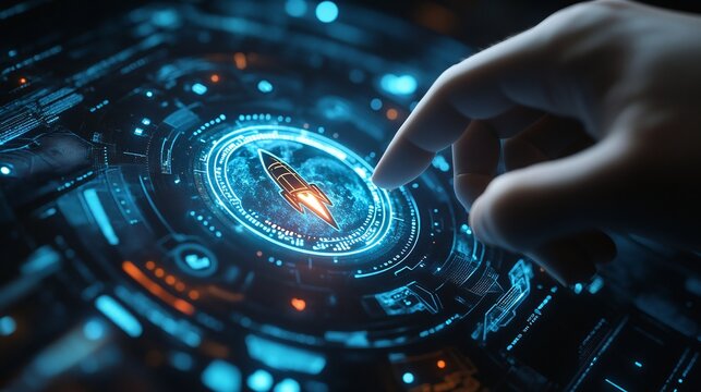 Hand Pressing Rocket Icon Button &ndash; Symbolizing Maximum Acceleration on a 3D Composite Background