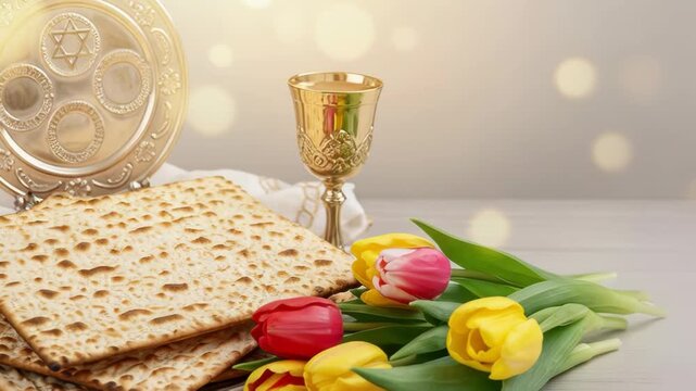 Elegant passover table with matzo, tulips, and gold cup in soft ambient light