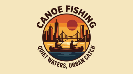 Obraz premium Canoe Fishing In Urban City Waters With Skyline And Sunset