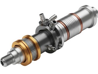 Close up of a mechanical component with a threaded shaft and a brass nut.