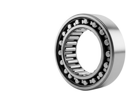 Close-up view of a cylindrical roller bearing with metal casing and inner race