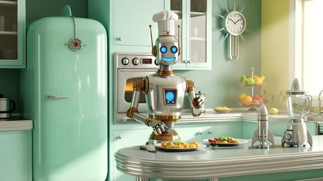 Robot Chef Cooking in Modern Kitchen.