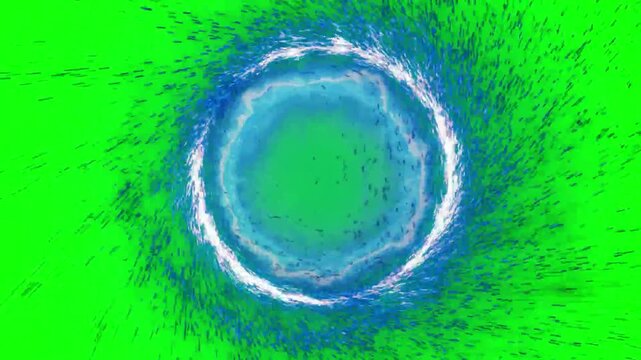 A vibrant, abstract blue circle surrounded by dynamic green splatters, creating a captivating visual effect from a direct viewpoint.