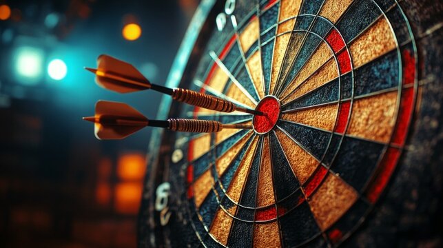 Darts with darts in a target on a dark background will emphasise the atmosphere of excitement and accuracy, which will fit perfectly into the design of sports bars or advertising for gaming clubs.