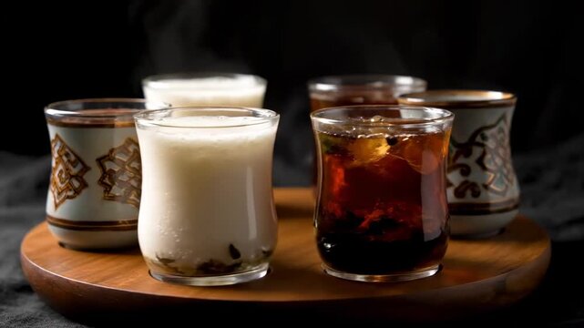 Variety of Traditional Hot Drinks: Frothy Sahlab (Salep) Milk Beverages and Steaming Tea Served on a Rustic Wooden Tray Against a Dark, Moody Background.