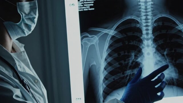 A doctor points to a person's chest on a computer screen. The image is a CT scan of the chest, and the doctor is pointing to a spot on the screen. Scene is serious and focused