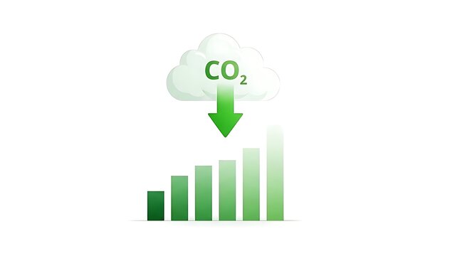 Cloud emitting CO2, arrow down to increasing green bar graph symbolizing reduction