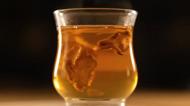 Abstract closeup of brown liquid mixing and dissolving in golden alcohol or iced tea beverage in a glass, creating a swirling texture against a dark background.