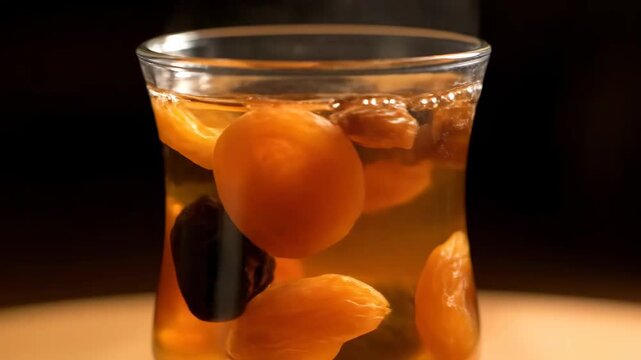Hot fruit compote steaming in a glass cup, featuring dried apricots and dark prunes. Traditional healthy winter drink.