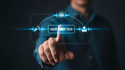 Fototapeta premium A man interacting with hack-proof tech interface for cybersecurity concept