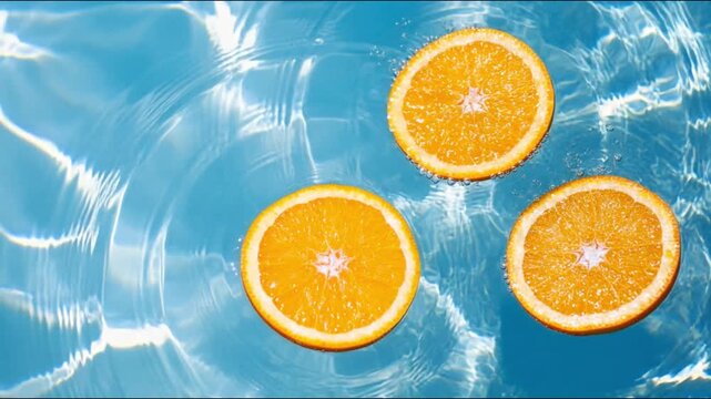 Three vibrant orange slices float gracefully on the sparkling blue water, creating a refreshing and bright visual perfect for summer-themed content or advertisements.