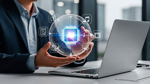 A businessman holding a glowing microchip in his hand for the concept of technology and innovation.