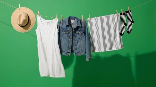 Clothes and accessories drying on a vibrant green background with shadows and sunlight