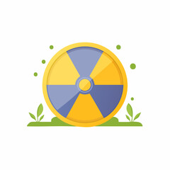 Fototapeta premium Round radioactive waste icon surrounded by green foliage, with warning sign in a clean, simplistic, conceptual vector design.