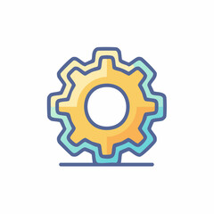 Obraz premium Gear Mechanism Illustration in Blue and Yellow: Machine Part Symbol and Cogwheel Icon