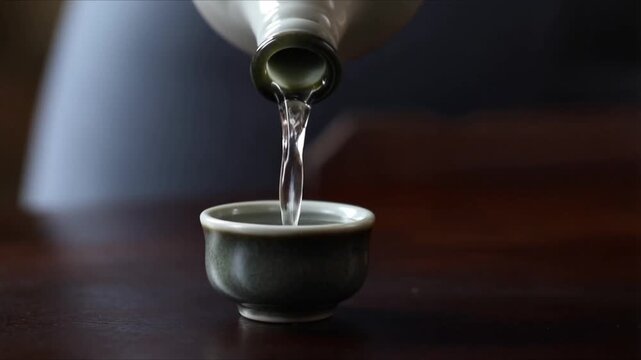 Pouring sake into a small ceramic cup, a traditional Japanese alcoholic beverage.