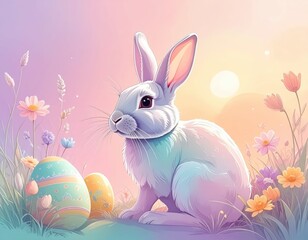 Obraz premium Adorable Bunny Surrounded by Colorful Flowers and Easter Eggs