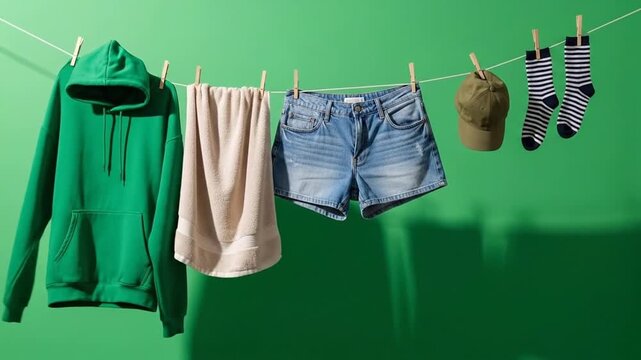 Clothing and accessories hanging on a clothesline against a vibrant green background showcasing casual summer outfits