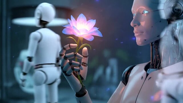 Robot Holding Glowing Flower in Laboratory.