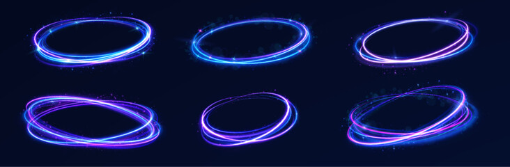 Neon blue ring spins with soft glowing trails. Abstract circular motion adds depth and energy. Futuristic visual for digital banners and sci-fi compositions. © Little Monster 2070