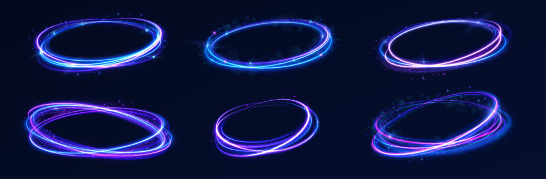 Neon blue ring spins with soft glowing trails. Abstract circular motion adds depth and energy. Futuristic visual for digital banners and sci-fi compositions.