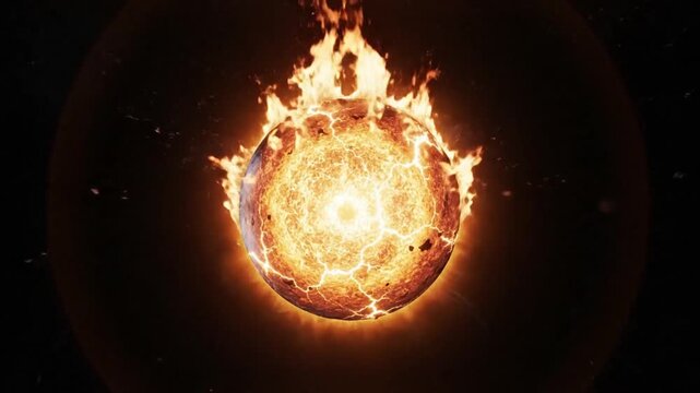 Ultra realistic fiery energy sphere floating in deep space with glowing plasma surface, cinematic fireball background for visual effects
