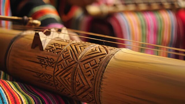 Close Up Of A Person Playing A Bamboo Musical Instrument With Intricate Carvings And Colorful Woven Fabric In Soft Natural Light