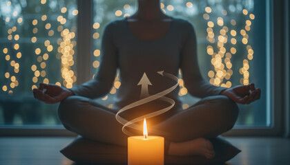 Meditation candle flame calm atmosphere soft bokeh guided breathing concept indoor relaxation peaceful practice