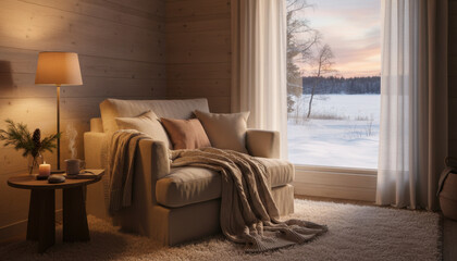 Cozy armchair with cushions and blanket near lamp and table in warm wooden room with snowy winter landscape outside window