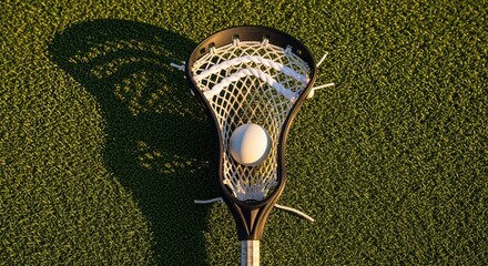 Fototapeta premium lacrosse stick and ball resting on grass in the sunlight, symbolizing outdoor sports activities