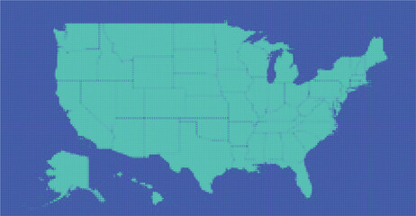 Fototapeta premium Adobe IlBlue Halftone Dotted Map of the United States with State Borders, Abstract USA Geography Background, American Dot Pattern Map for Data Visualization and Infographic Vector Illustration