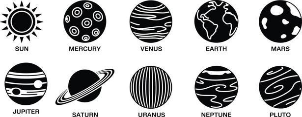 Solar system planet silhouette icons set, Sun Mercury Venus Earth Mars Jupiter Saturn Uranus Neptune Pluto symbols, black vector illustration isolated on white © Hello World