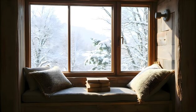 Window seat with pillows in front of window, cozy corner for relaxation and reading in modern home interior design concept
