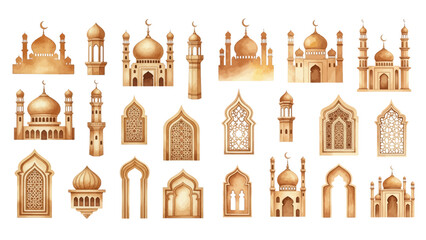 Golden watercolor Islamic architecture elements, including mosques, minarets, domes, and ornate arched windows, on a transparent background. © liana