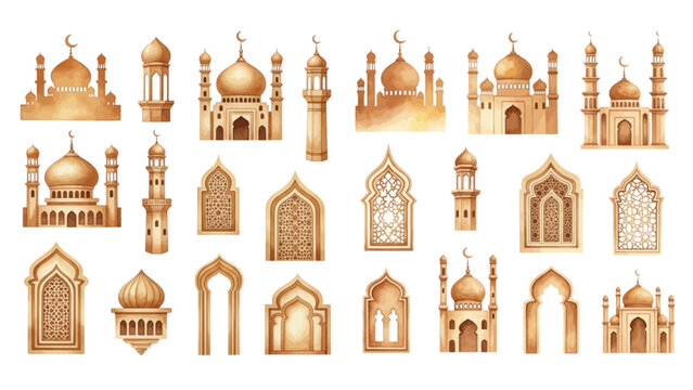 Golden watercolor Islamic architecture elements, including mosques, minarets, domes, and ornate arched windows, on a transparent background.