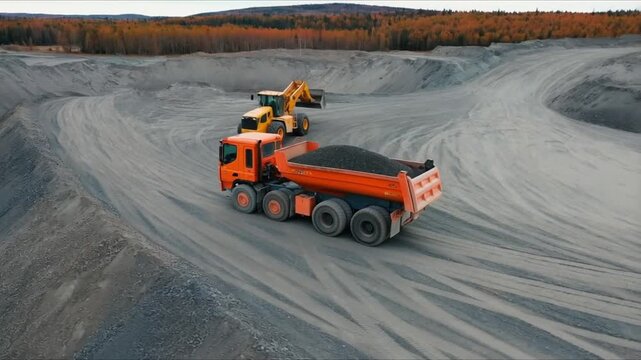Heavy machinery including a dump truck and excavator working in a large gravel quarry under a cloudy sky.