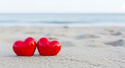 Fototapeta premium Two Red Hearts on Sandy Beach by the Sea