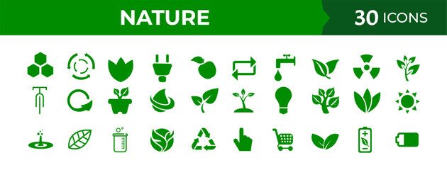 Nature and ecology icons set in vibrant green for environmental protection, sustainability, and natural beauty, featuring plants and renewable energy.