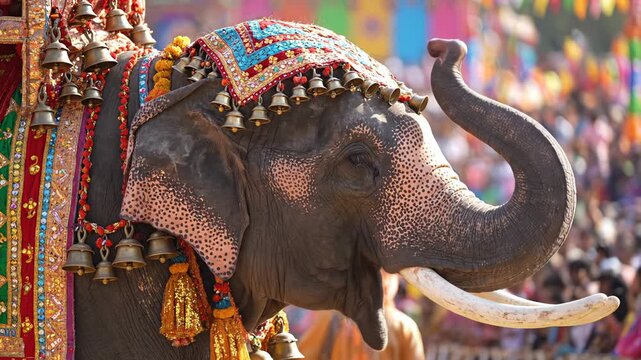 Majestic Decorated Elephant During Vibrant Festival Parade With Colorful Banners and Cheering Crowds in Sunlight