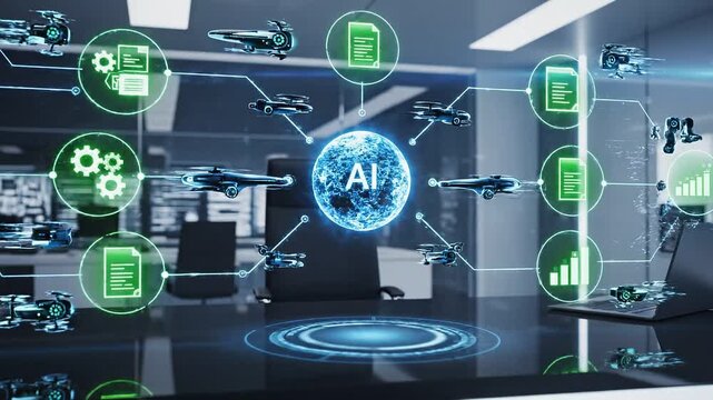 Autonomous ai drone network monitoring data and file management in a futuristic high tech office environment for corporate use.